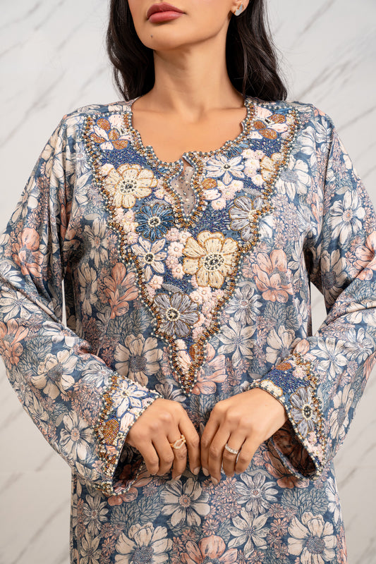 DUSTY BLUE FLORAL MARKHOR DRESS