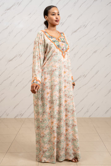 GREEN & ORANGE ACCENTS ARABIC TABEH DRESS