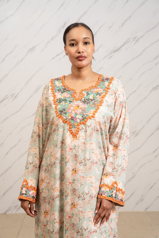 GREEN & ORANGE ACCENTS ARABIC TABEH DRESS