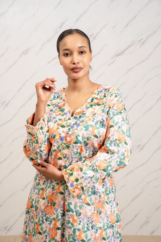 FRESH FLORAL SWISS COTTON ARABIC TABEH DRESS