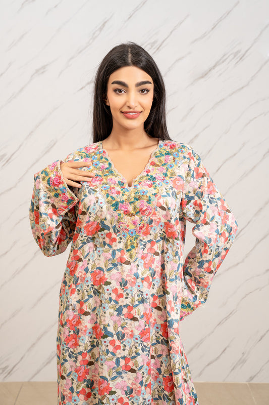 COLOR BLOOM SWISS COTTON ARABIC TABEH DRESS