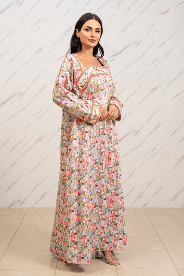 FLORAL HARMONY SWISS COTTON ARABIC TABEH DRESS