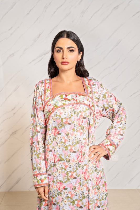 FLORAL HARMONY SWISS COTTON ARABIC TABEH DRESS