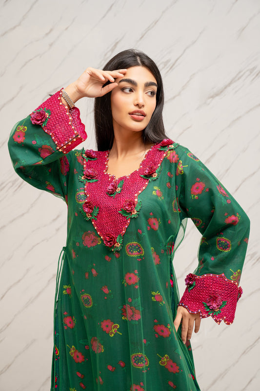 EMERALD GREEN CUTWORK & 3D FLORAL DRESS