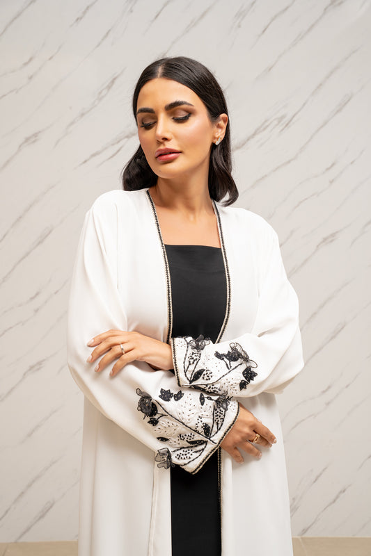 WHITE CREPE ABAYA WITH BLACK INNER & 3D FLORAL HANDWORK