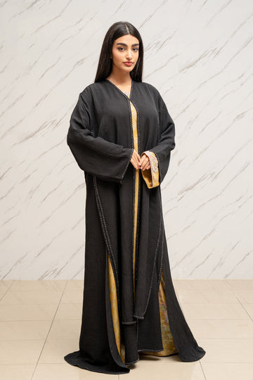 LAYERED BLACK CREPE ABAYA WITH HANDCRAFTED DETAILING