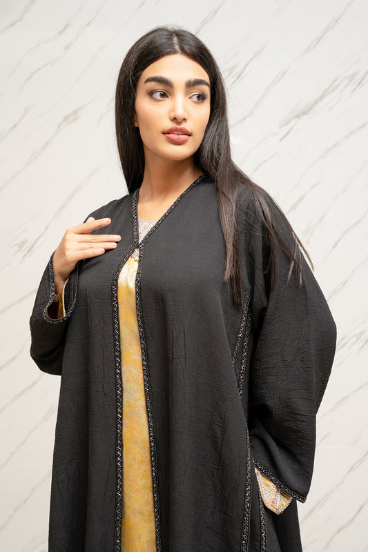 LAYERED BLACK CREPE ABAYA WITH HANDCRAFTED DETAILING