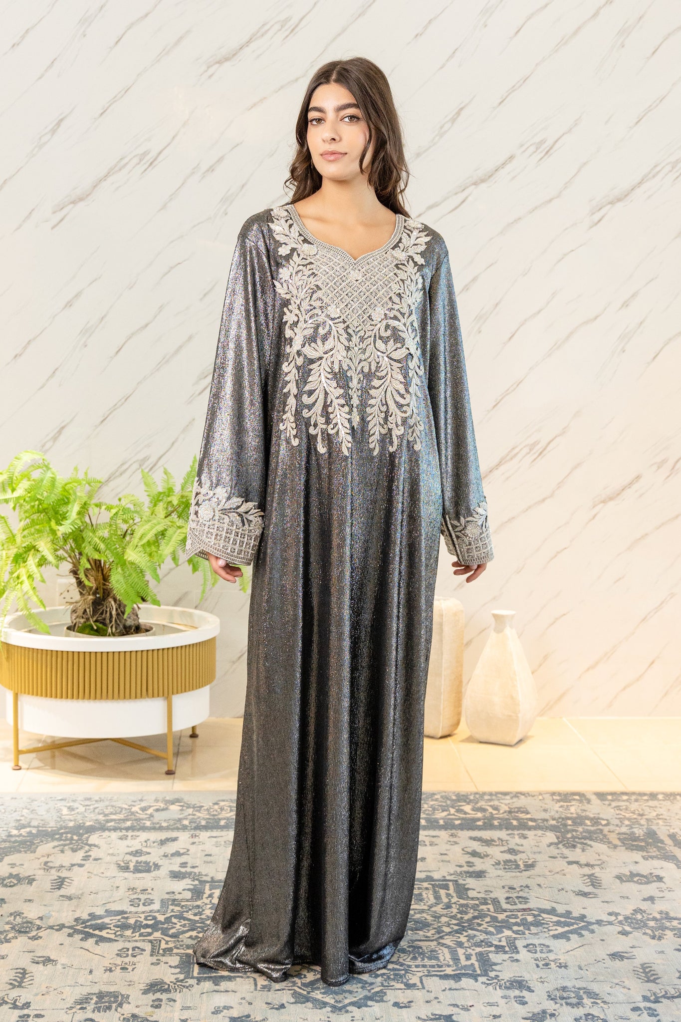 LUXURY METALIC SILVER EMBROIDERY JALABIYA